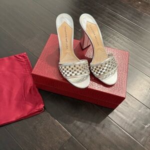 Tamara Mellon Metallic Silver Studded Block-Heel Mules